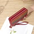 Red pebbled leather long wallet with double zippers and tricolor stitching handle strap - Wine Red
