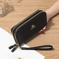 Women's long double zipper phone wallet in black lychee grain leather with wristlet - Black