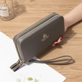 Elegant dark grey litchi texture double zipper long wallet with a wrist strap for women - Gray