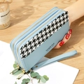 Cartera larga azul claro para mujer con diseño de pata de gallo y doble cremallera - Azul