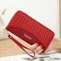 Long red woven PU leather clutch wallet for women with wristlet strap and golden zipper - Wine Red