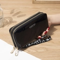 Cartera larga negra brillante para mujer con doble cremallera y correa de muñeca - Negro