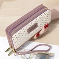Women long double zipper purple wallet with monogram print and wristlet strap - Purple