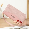 Pink PU leather woven texture long clutch wallet for women with wristlet and zip - Pink