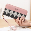 Portafoglio lungo in pelle PU rosa e nero con motivo a rombi, cinturino e zip dorata - Rosa