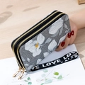 Grey floral double zipper wallet for women with magnolia print and LOVE wrist strap - Black