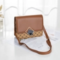 Brown leather and monogram canvas small crossbody bag with double diamond metal buckle - Brown