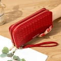 Portafoglio lungo in pelle intrecciata rossa con doppia zip dorata e cinturino - Rosso Vino