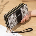 Portefeuille long pour femme à double fermeture éclair en cuir noir et toile vintage - Noir