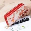 Cream long wallet with double zippers, orange floral print and LOVE wrist strap - Wine Red