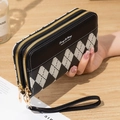 Women's long argyle wallet in black and white with double zippers and wrist strap - Black