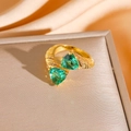 Vintage bypass ring with emerald green triangle stones and golden textured band - Gold Ring (8877)