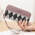 Portefeuille long en cuir PU avec panneaux roses et motif de losanges noirs et blancs - Violet