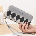 Portefeuille long en cuir PU avec motif losanges noir et gris et une dragonne - Gris