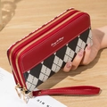Red long wallet with double zippers, black and white plaid patchwork and wrist strap - Wine Red