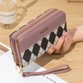 Pink and purple patchwork wallet with double zippers and diamond lattice pattern - Purple