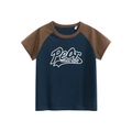Detail of navy and caramel raglan sleeve cotton T-shirt with Pear letter printing - 90cm / Royal Blue/Coffee