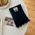 Classic black 100% wool scarf featuring minimalist design and soft fringe detail - Jet Black
