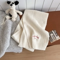 Creamy white chunky knit scarf featuring an adorable embroidered puppy and Lucky Megg text - Scarf / White