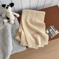 Creamy beige knit scarf with cute puppy embroidery and ribbed texture for winter - Scarf / Beige