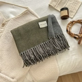 Olive green and grey wool blend double-sided scarf with tassels and material label - Over 175cm / 7-Gray Green