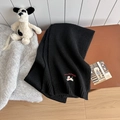 Black ribbed knit scarf and hat set with Lucky Pipiegg dog embroidery for winter - Black