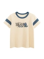 Katoenen kinder-T-shirt in crème met blauwe ronde hals en leuke krokodilgrafiek - 90cm / Beige Abrikoos