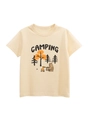 Katoenen kinder T-shirt in lichtbeige met kamperende beer print en ronde hals - 90cm