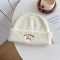 Winter knitted beanie in cream white with cartoon puppy and lucky embroidery - Hat—White
