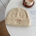 Beige ribbed knit beanie featuring a cute running dog embroidery with lucky pipiegg text - Hat—Beige