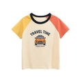 Boys' summer raglan sleeve t-shirt with cartoon off-road vehicle and Travel Time print - Beige Apricot / 120cm
