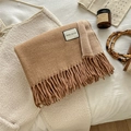Camel wool blend winter scarf with fringe tassels shown in a cozy home setting - Over 175cm / 11-Yellow Camel