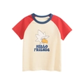 Kids' raglan sleeve T-shirt featuring a red sleeve and cartoon bird graphic with Hello Friends - 90cm / Beige and Red