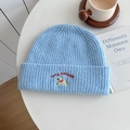 Light blue knitted beanie with embroidered dog pattern and lucky text for winter - Hat—Sky Blue