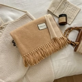 Camel and beige double-sided wool blend scarf with fringe and minimalist label - Over 175cm / 12-Camel Beige