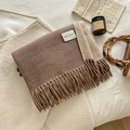 Earth tone wool blend winter scarf with fringe details and woven logo label - Over 175cm / 13-Khaki