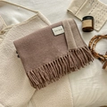 Coffee brown wool blend scarf with fringe detail shown in a cozy winter setting - Over 175cm / 14-Mocha