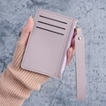 Slim lavender PU leather card holder with hand strap and zipper coin pocket - Purple