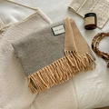 Grey and khaki double-sided wool blend scarf with fringe on soft white bedding - Over 175cm / 15-Gray Camel