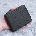 Men's short bifold wallet in charcoal matte leather with geometric diagonal stitching - Black