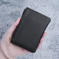 Minimalist black pebble leather compact wallet with golden L-shaped zipper - Black