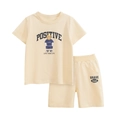 Set estivo bimbo in cotone giallo crema con stampa orsetto e scritta POSITIVE - 90 / Albicocca Beige