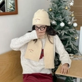Beige knitted beanie and scarf set with lucky pipiegg embroidery for winter - Two-Piece Set—Beige