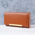 Minimalist caramel brown long wallet with gold metal bar and elegant chain pendant - Brown