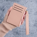 Morandi pink slim PU leather card holder with zipper pouch and wrist strap - Pink