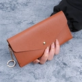 Brown leather long envelope wallet with gold snap button and metal chain strap - Brown