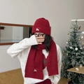Winter red knitted hat and scarf set with cute running puppy embroidery detail - Two-Piece Set—Wine Red