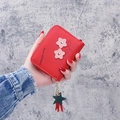 Short red PU leather wallet for women with cute pink flower details and tassel zipper - Red