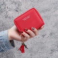 Mini red square leather wallet with zipper closure and red tassel star charm accessory - Red