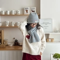 Light gray knit beanie and scarf set featuring cute dog embroidery for winter - Two-Piece Set—Medium Gray
